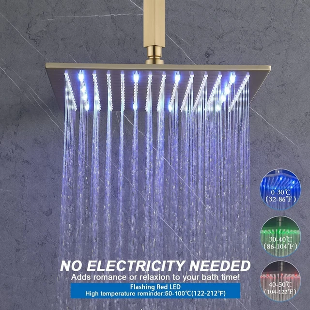 LUXURY BRUSHED GOLD LED Rain Shower Head 12 inch Square Rainfall Top ...