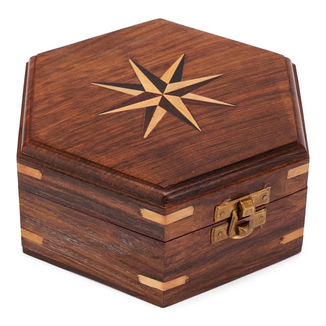 Scatola in legno marittimo esagonale con intarsio rosa eolica in legno e ottone chiuso