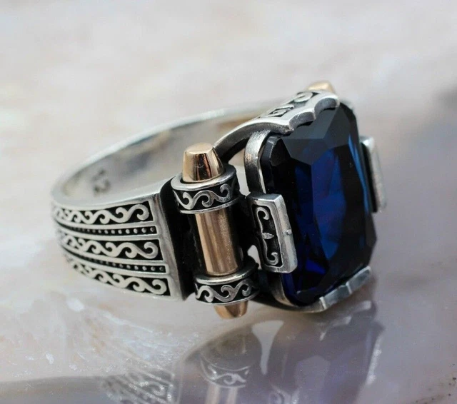 Bague pour homme faite à la main avec saphir pour homme Bague en argent...