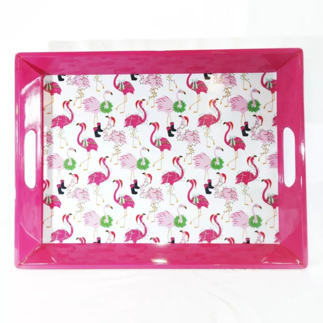 Rachel Zoe Pink Flamingo Santa Christmas Melamine  Serving Tray Platter 20"