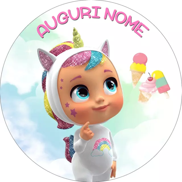 CIALDA CRY BABIES UNICORNO con NOME Decorazione Torta Ostia Zucchero EUR  10,00 - PicClick IT