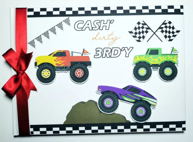 Personalised Monster trucksbirthday guest book, Dirty 3rdy trucks birthday book