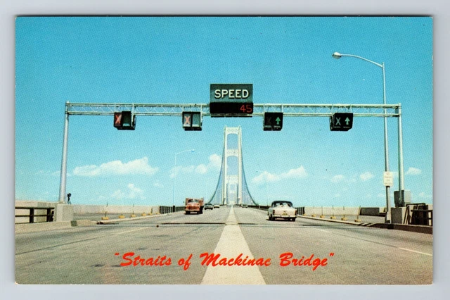 MI- MICHIGAN, STRAITS Mackinac Bridge, Cars Driving On Road, Vintage ...