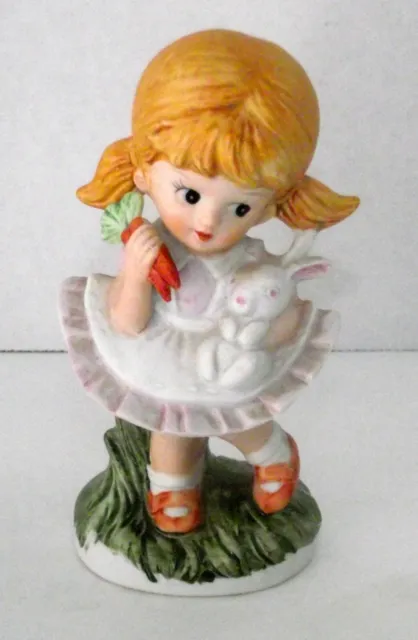 Figurine Girl Carrots Holds Bunny Rabbit HOMCO Vintage Pottery Blonde Easter