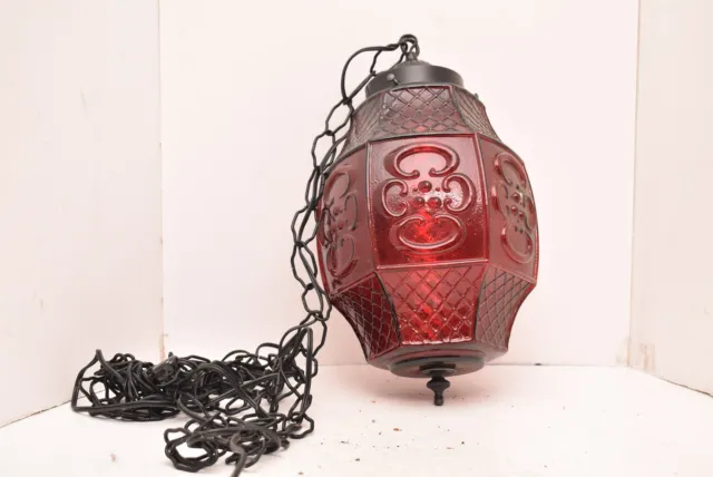 Vintage Mid Century Modern 60s Hanging Swag Light Ruby Red Embossed Glass Lamp