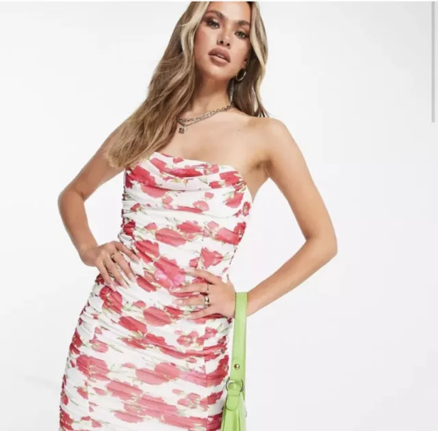 ASOS DESIGN bandeau ruched mesh midi dress in floral print 8 medium nwt