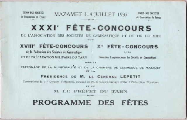 D36 Programme XXXI è Fête Concours de Tir et Gymnastique a MAZAMET (Tarn) 1937
