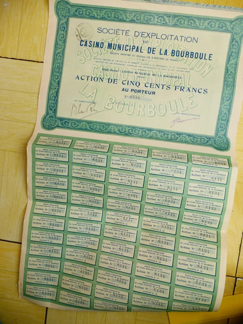 ACTION de 500 FRANCS au PORTEUR CASINO MUNICIPAL de la BOURBOULE  1928