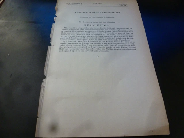 Government Report 1877 Union Pacific Railroad Company No Compliance Laws