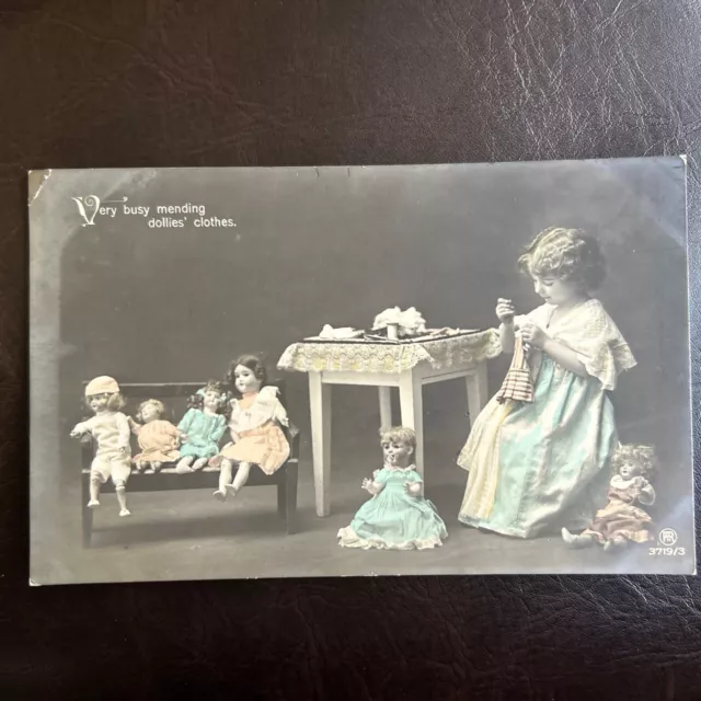 Vintage Real Photo RPPC Tinted Postcard Young Girl Sewing Dolls Clothing s378