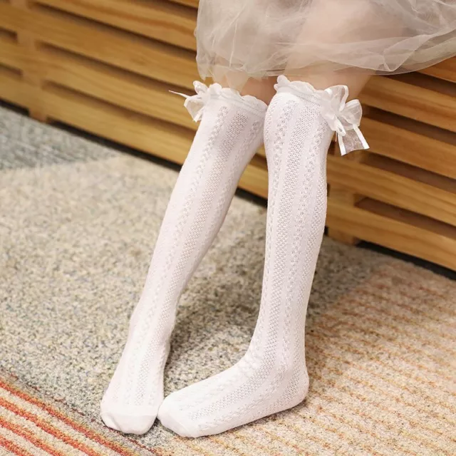 1 Pair Kids Socks Girls Stock Lace Summer Thin Bow In Tube White Knee Socks Girl