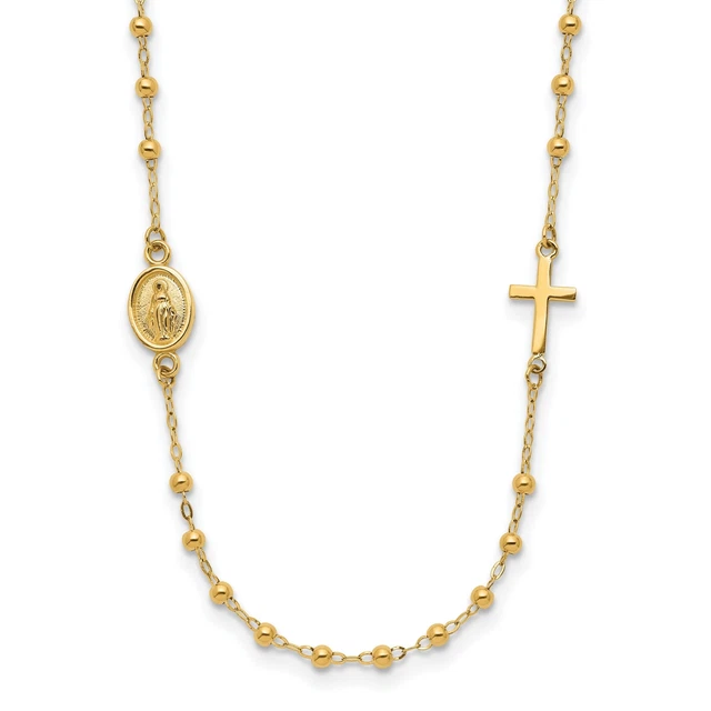 14k Yellow Gold Polished Miraculous Medal and Cross Rosary Design Necklace 14k Yellow Gold Polished Miraculous Medal and Cross Rosary Design Necklace
