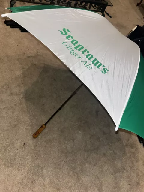 Vintage 41” Seagrams Golf Umbrella - Green/White - Lathe Sculpted Handle Design