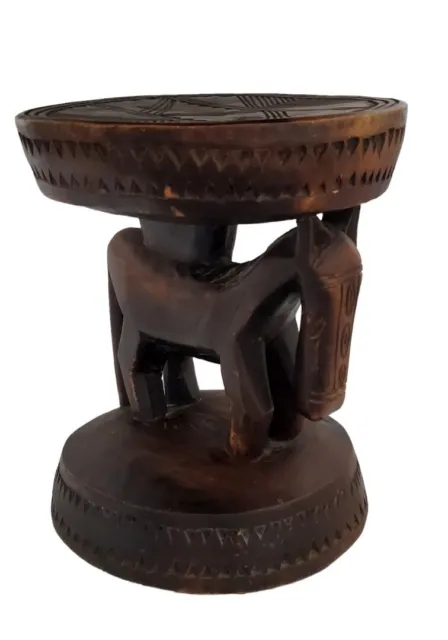 African Dogon  Carved Wood Milk Stool W/ Horse  Mali  13 " H by 11" D