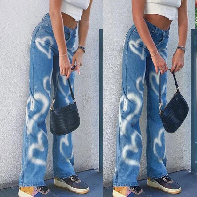 Womens High Waisted   Wide Leg Skinny Jeans Button Distressed Stretchy Pants