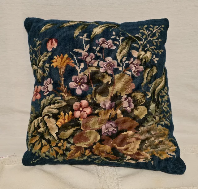 Needlepoint Floral Pillow Approx 11"x11" Velvet Back Tan Brown EUC