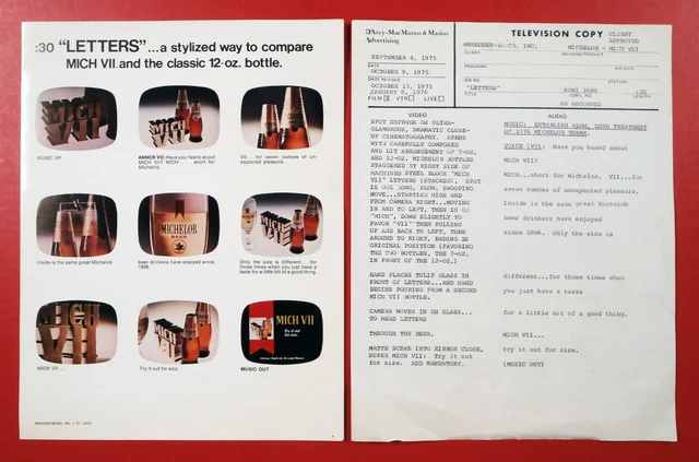 1975 MICHELOB-MICH VII (7oz) "LETTERS" TV Spot Storyboard & Audio Script