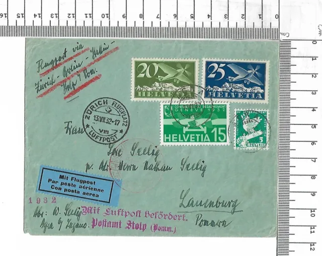 Luftpost befördert Postamt Stolp Pomm 1932 Zürich Flugplatz Berlin Lauenb; 61664