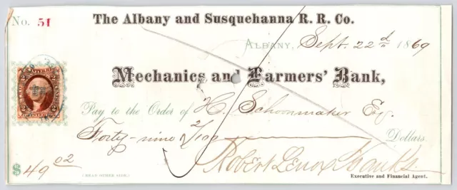 1869 Mechanics & Farmers Bank~Albany Susquehanna RR Co~New York~Antique Check