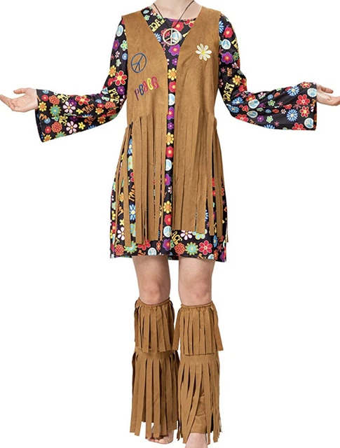 Hippie Costume Adult 60s 70s Halloween Dress With Necklace And Headband