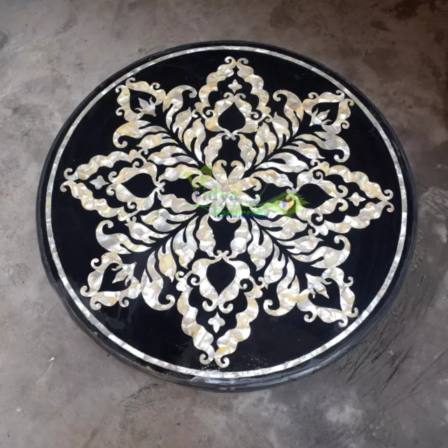 2' Black Round Marble Dining Coffee Table Top Pietra Dura Gems Inlay Home Decor