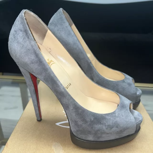 Christian Louboutin Palais Royal Trepointe 140 Grey Suede Peep Toe Pumps 38 Wmns