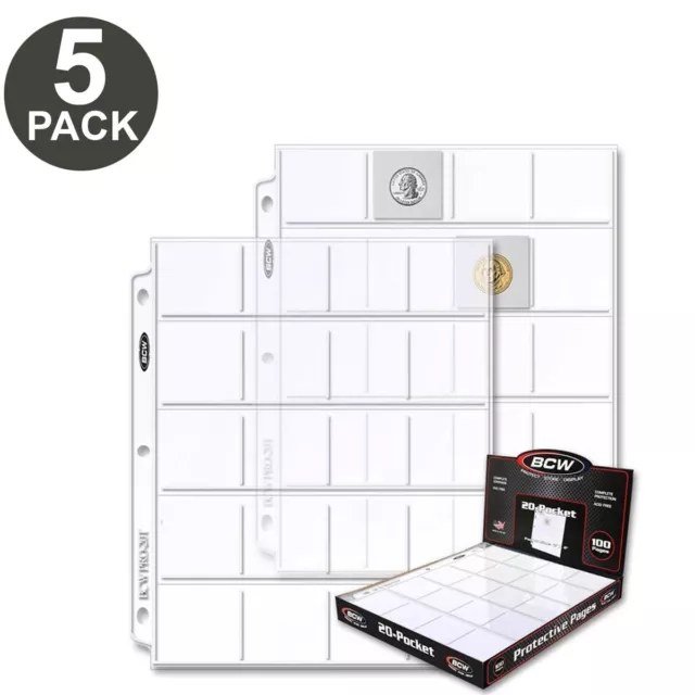 Lot of 5 BCW 20-Pocket Album Pages for 2x2 Coin Flips Binder Sheets USA