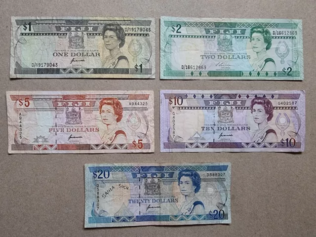 1992 Fiji banknotes set of 5 - 1, 2, 5, 10 & 20 dollars notes QEII