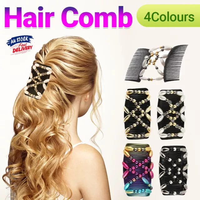 Womens Beaded Stretchy Easy Magic Beaded Hair Comb Elastic Double Hair Clip Acce