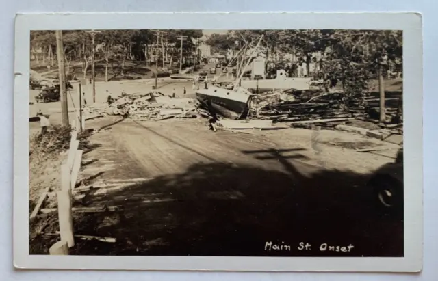 MA RPPC Postcard 1938 Hurricane Damage Cape Cod Onset Main Street sailboat AZO