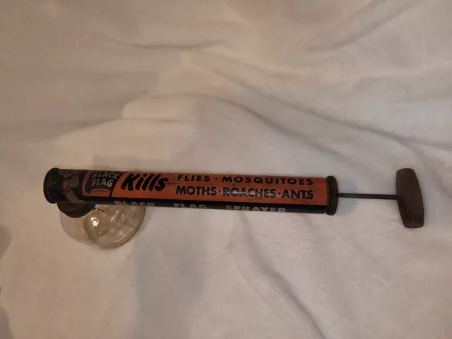 Vintage 1940’s Black Flag Pump Sprayer With Glass Container and  Wood Handle