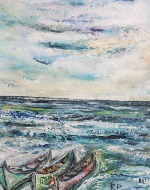 Seascape boats expressionist oil painting signed