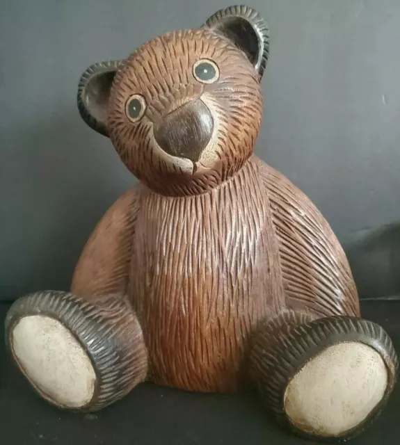 Large Carved Wood Teddy Bear Sculpture Figure Handcrafted Vintage Thai Folk Art