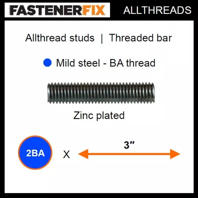 2BA x 3" long allthread mild steel studs, threaded bar, zinc plated (200 pack)