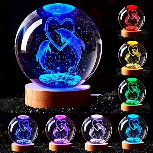 DOLPHIN CRYSTAL BALL Lamp, 3D Crystal Ball Night Light with Wooden Base ...