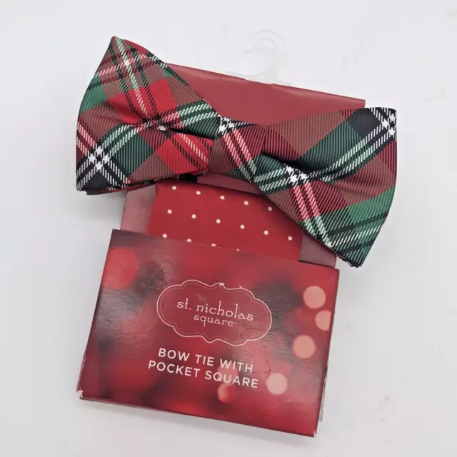 ST. NICHOLAS SQUARE Christmas Green Plaid Bow Tie & Red Dot Pocket ...