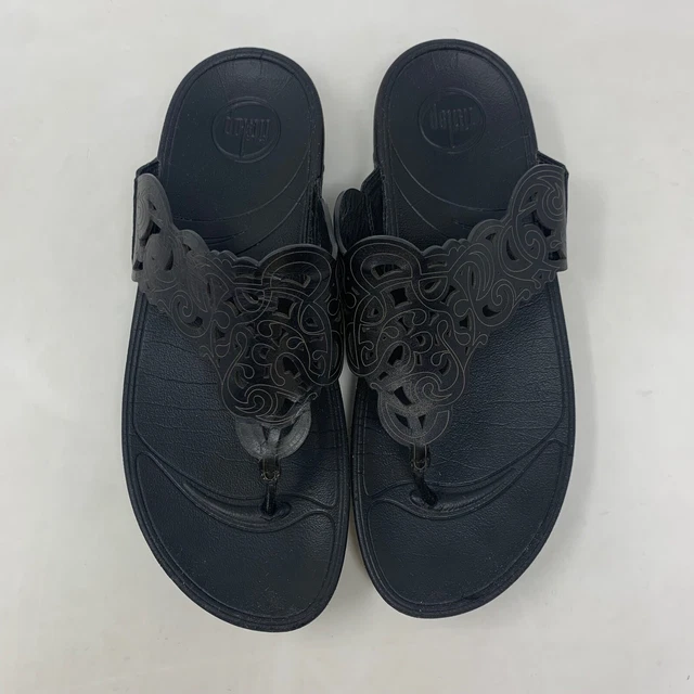Fitflop Womens Size 10 Flora Sandals Wedge Black Leather Celtic Thong Slip On 2