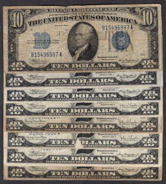 Lot of 8 1934 A-C-D-Plain  $10 Ten Dollar Bills Silver Certs Blue Seal S488