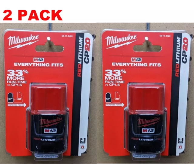 2 Pack Genuine Milwaukee 48-11-2420 M12 REDLITHIUM 2.0Ah 12 Volt Compact Battery