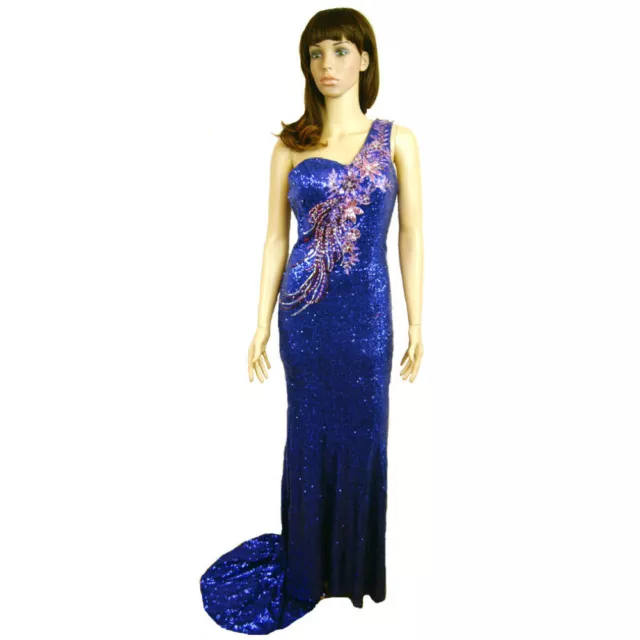 Precioso Mujer Azul Diamante Tachuelas Metálico Floral Largo Noche Cola Vestido