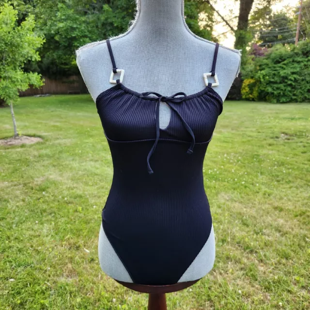 Topshop One Piece Swimsuit Black Ribbed Tie Front Adjustable Straps Sz 6 Perfect