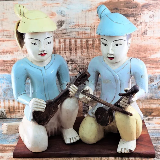 Antique Early 1900s Wooden Pair of Thai Musicians Polychrome Colors Blue Cream