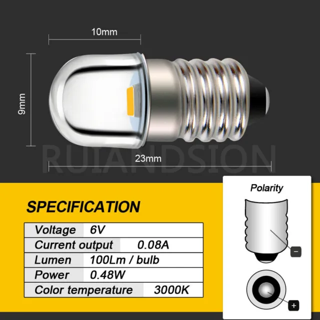 Ruiandsion E10 Mini-vis De Remplacement Lampe De Poche Ampoule LED 6V Blanc 0.5W 2