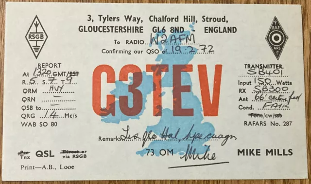 QSL Card - Stroud England Mike Mills G3TEV 1972 Postcard