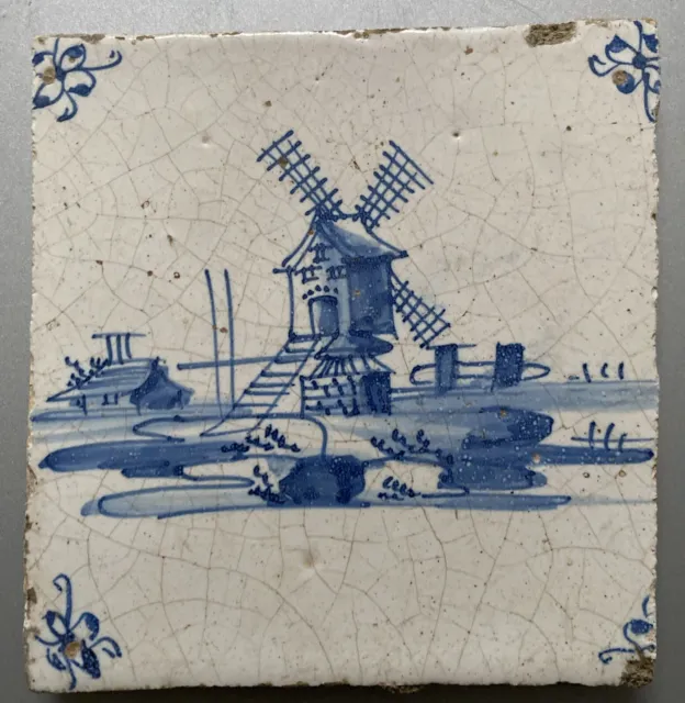 ANTIQUE DUTCH DELFT 18TH CENTURY (?) TILE Blue & White Hand Painted Windmill