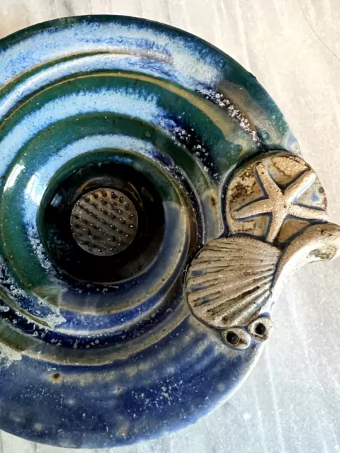 Art Pottery Vase Flower Frog Blue Seashells.  Approx. 4.5" D x 1.5" H Signed