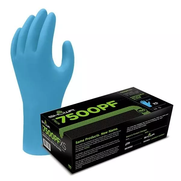 Showa 7500PF Blue Protection 100% Biodegradable Disposable  Nitrile Gloves Small