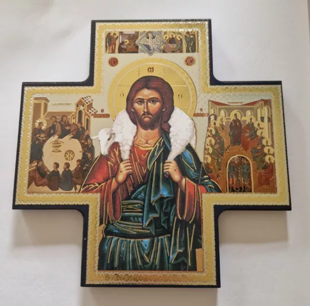 Wooden Icon Cross Jesus The Good Shepherd Boxed Religious 2