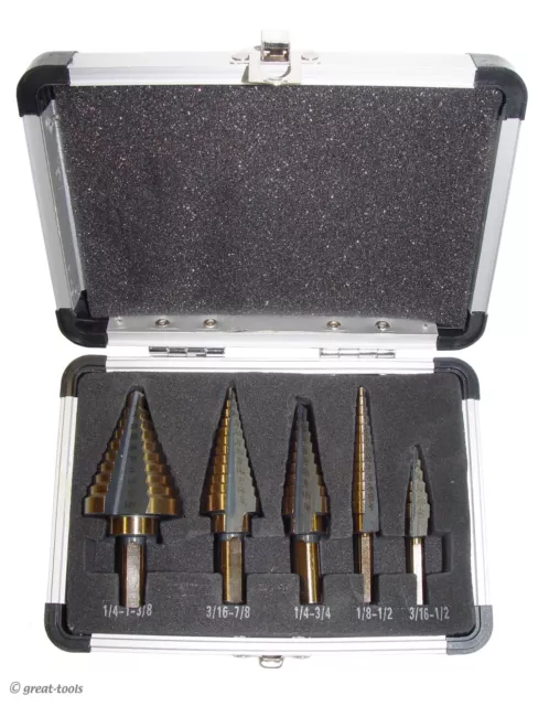 STEP DRILL BIT SET, 5-pc – Christmas Tree Bits – stepper drills – 1/8" to 1-3/8”