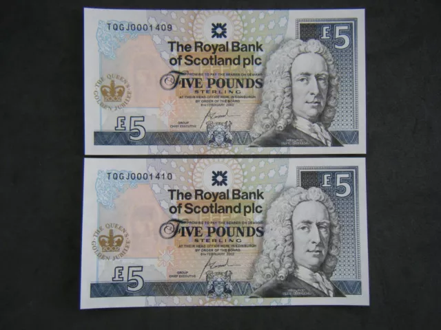 2 x UNC Royal Bank Of Scotland £5 Five Pounds 2002 Golden Jubilee Consecutive